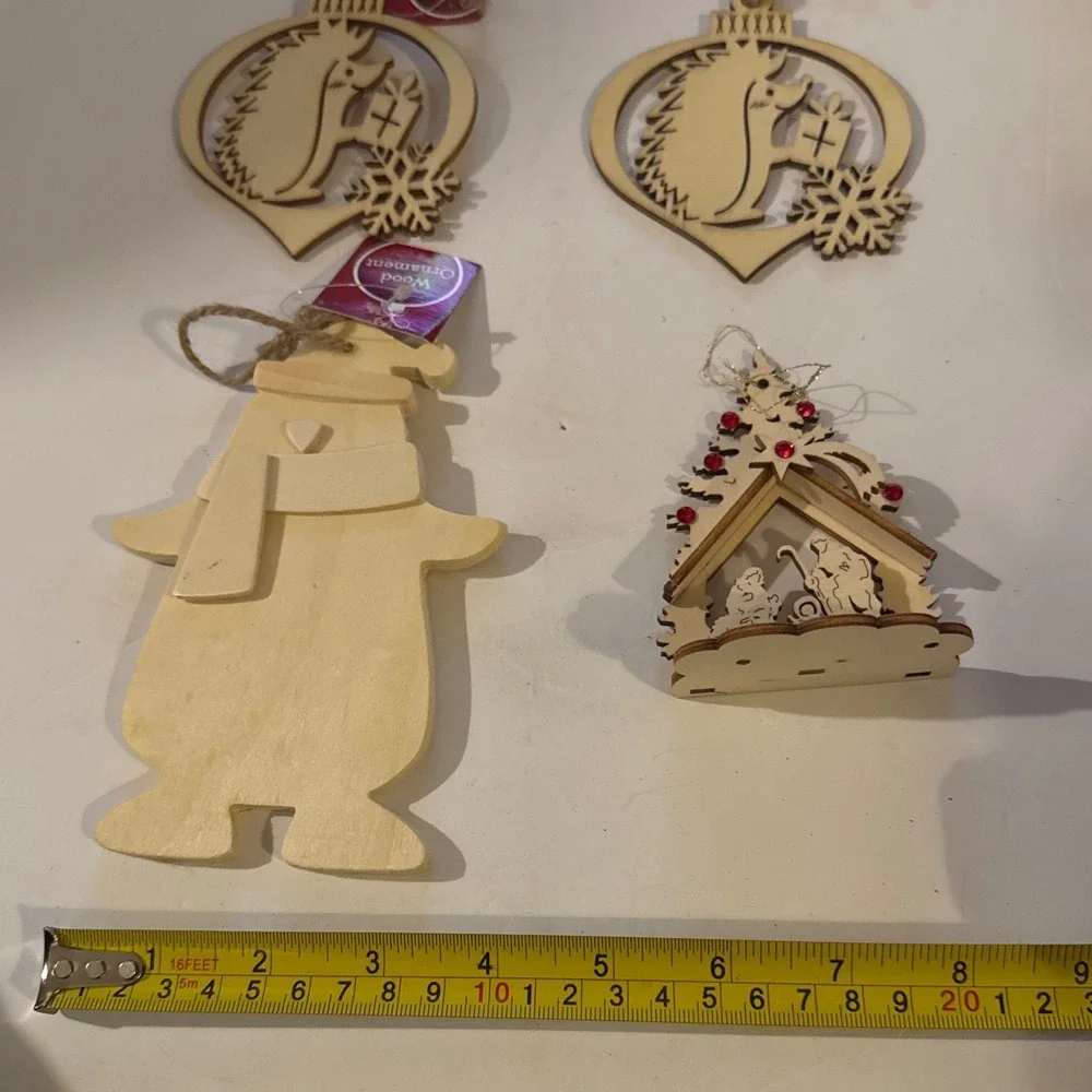 Wood Ornament Set Natural New Laser Cut Nativity Animal 4pc